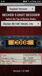 Becker 5Digit Radio Code 1